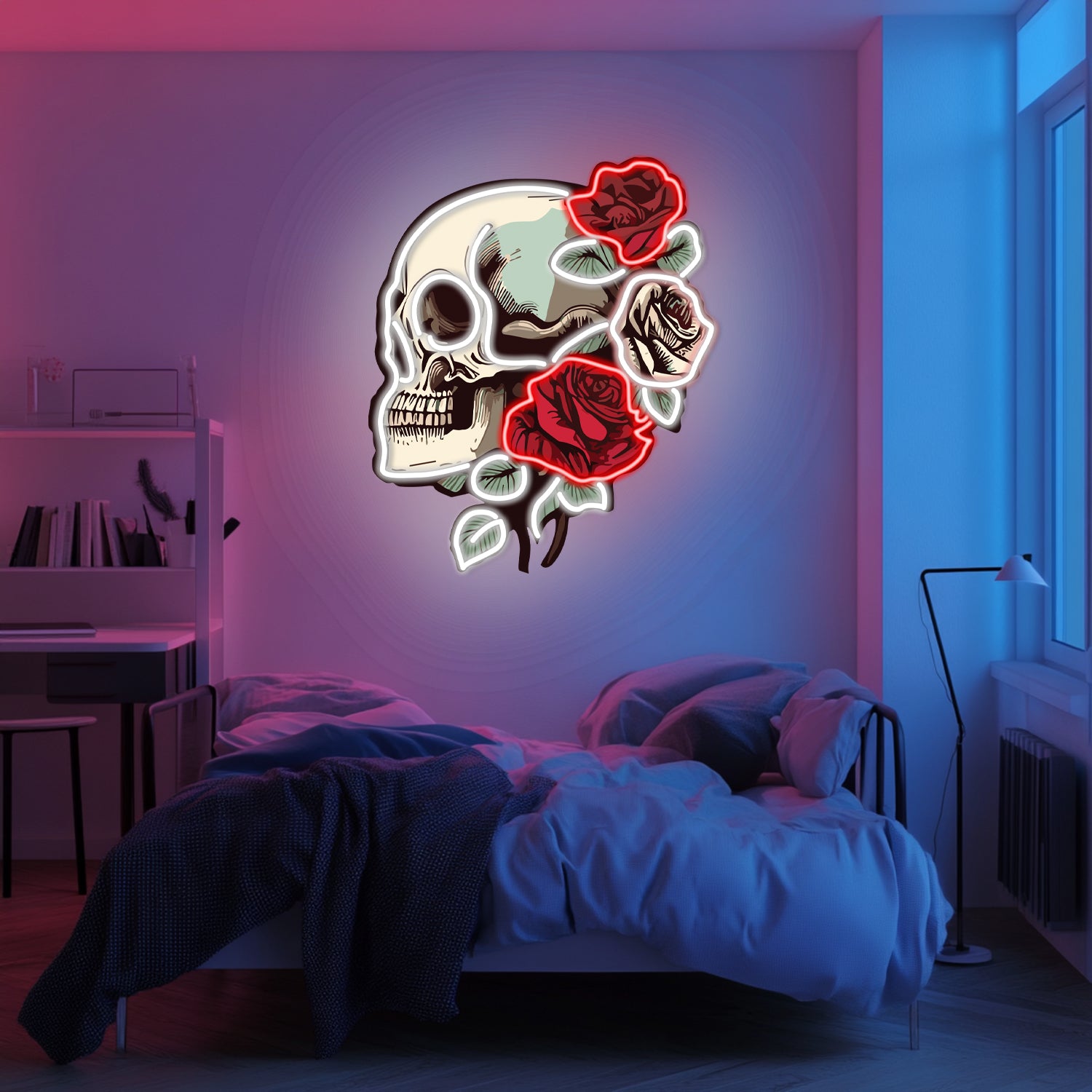 UV Printed Skull Blooms Neon Wall Art- LV0030