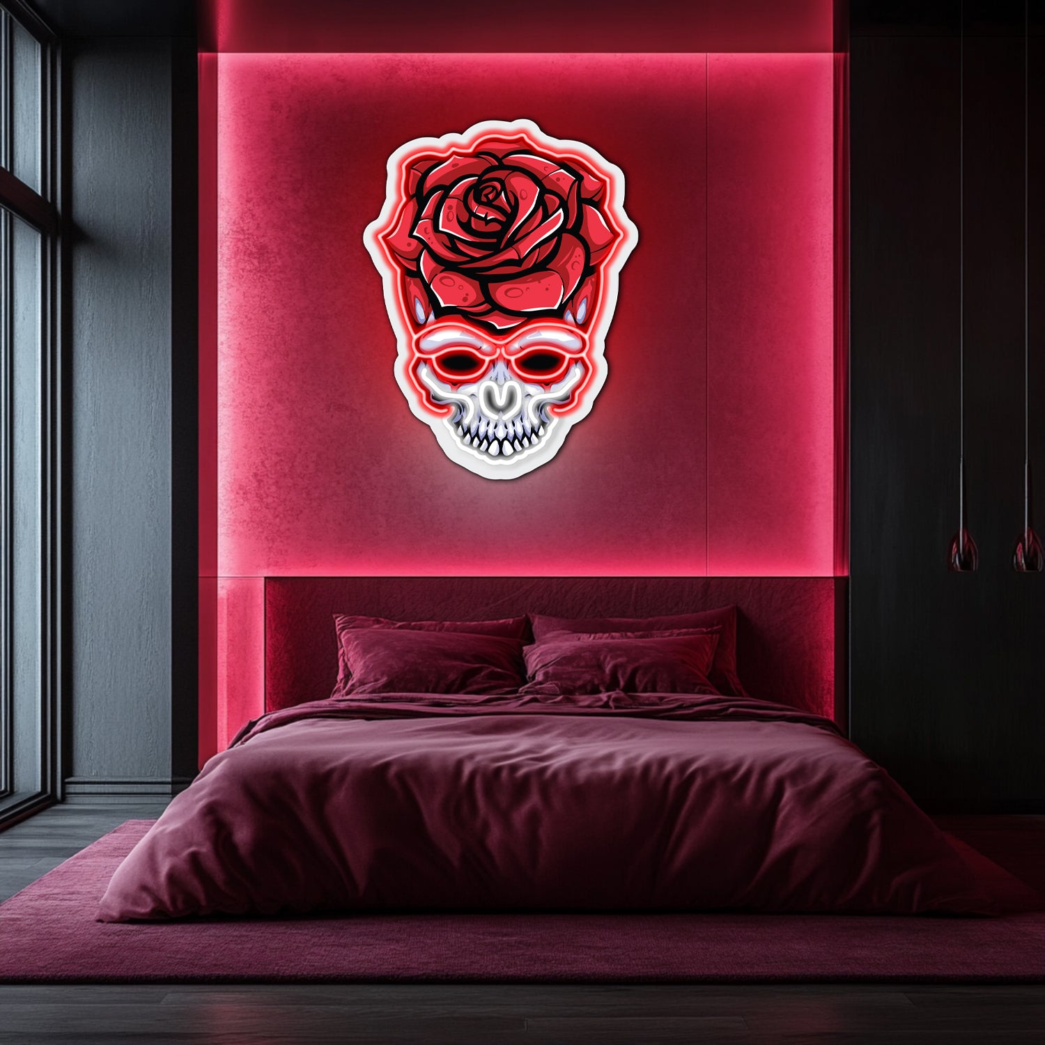 UV Printed Skull Blooms Neon Wall Art- LV0031