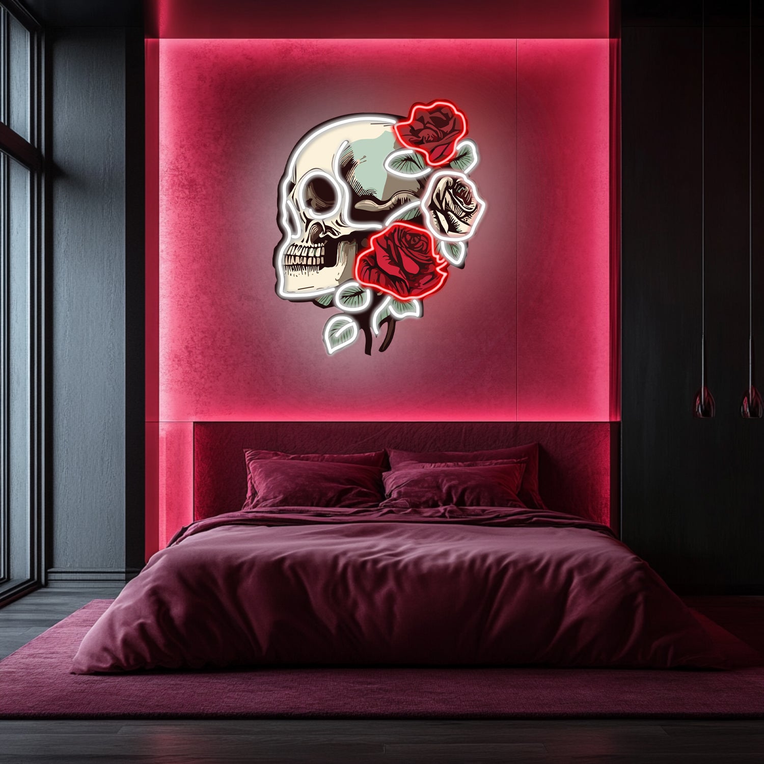 UV Printed Skull Blooms Neon Wall Art- LV0030