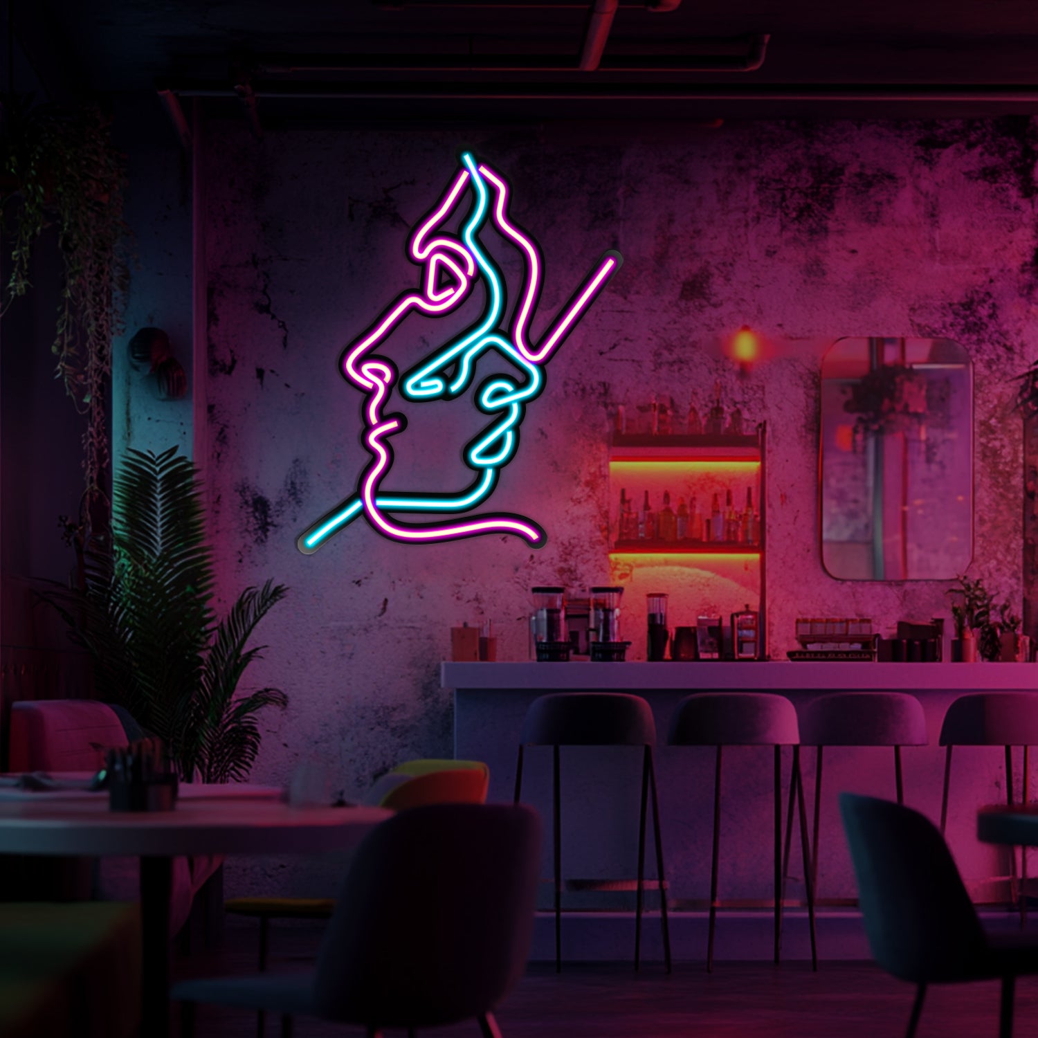 Two Faces Line Art Metal Neon Wall Art- LN0007