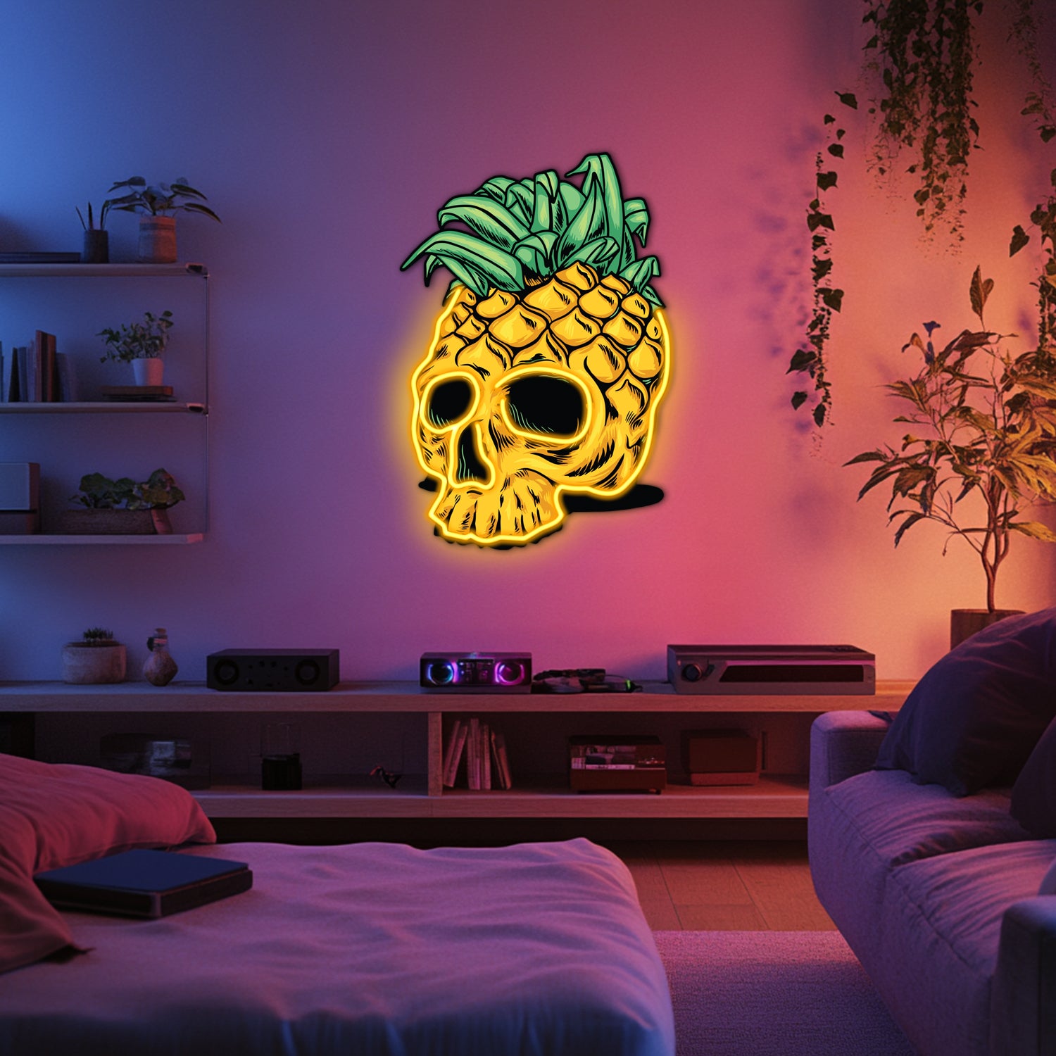 UV Printed Pineapple Skull Neon Wall Art- LV0063