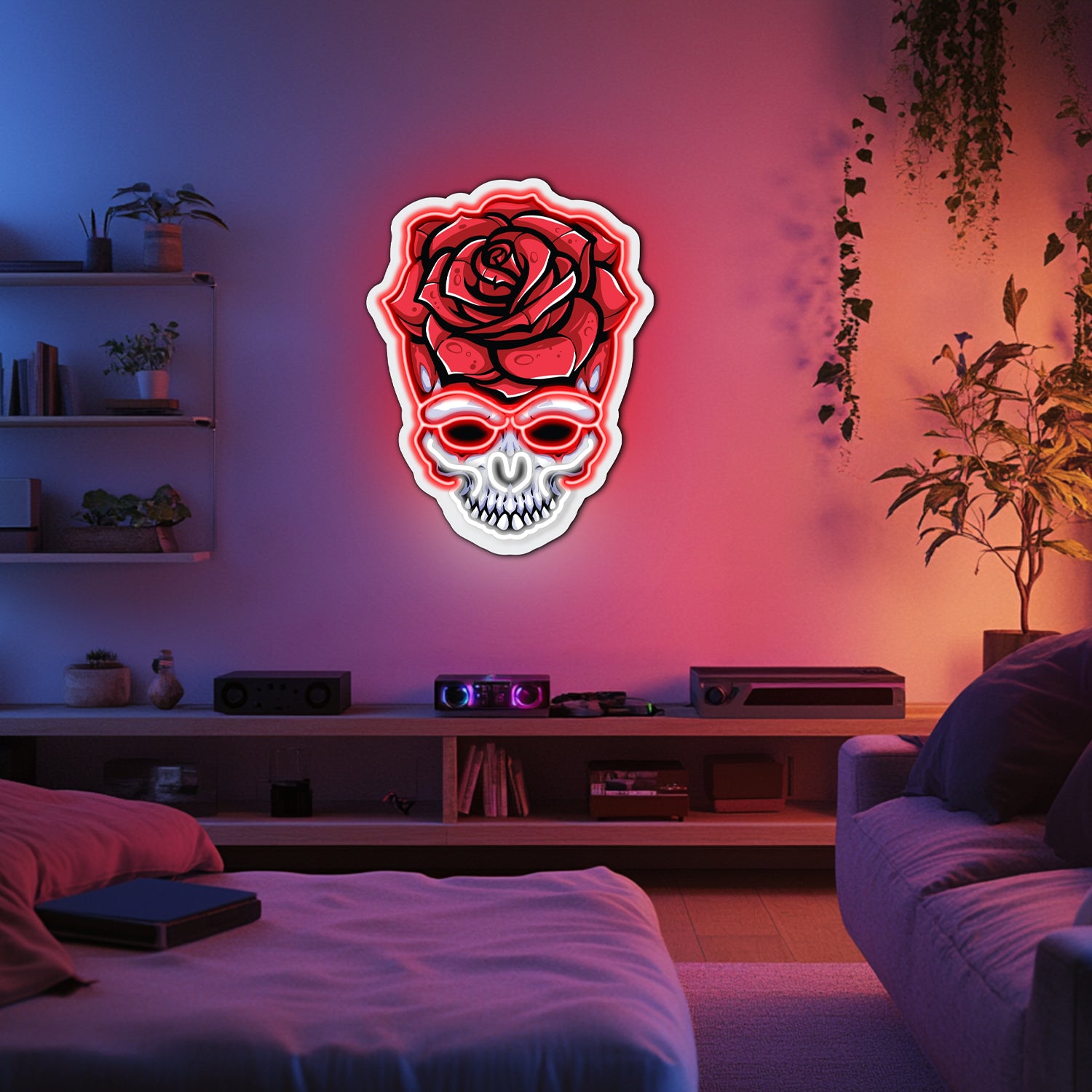 UV Printed Skull Blooms Neon Wall Art- LV0031