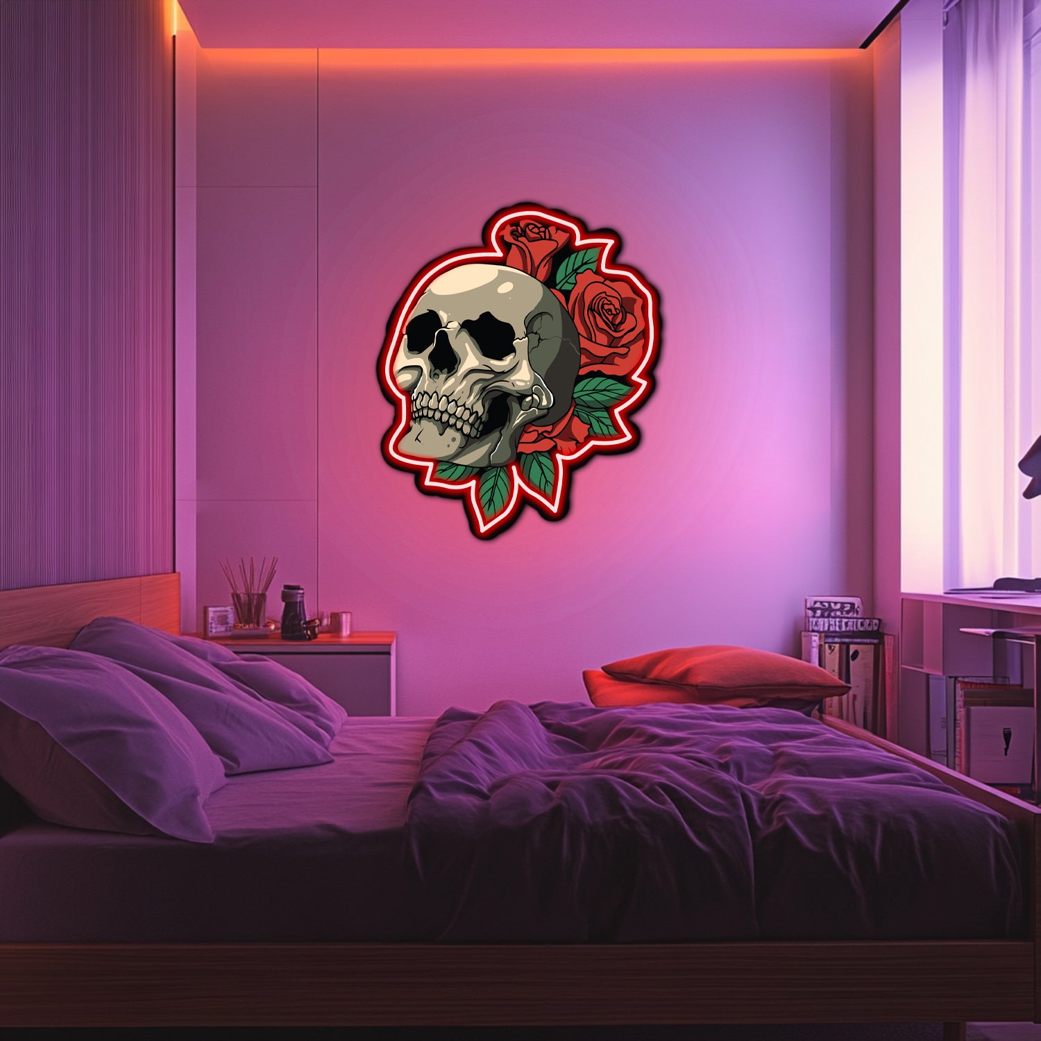 UV Printed Skull Blooms Neon Wall Art- LV0018