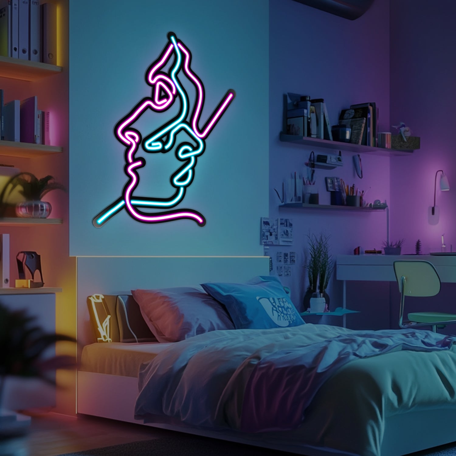 Two Faces Line Art Metal Neon Wall Art- LN0007