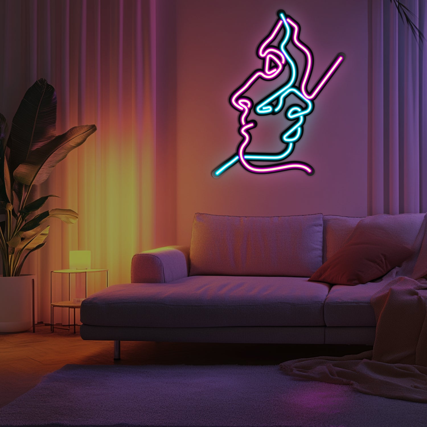 Two Faces Line Art Metal Neon Wall Art- LN0007